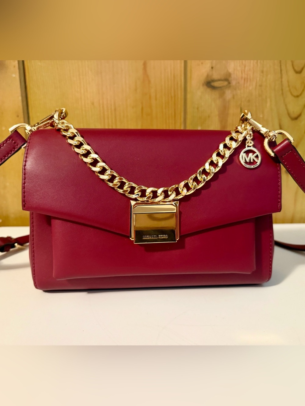 Michael Kors Garnet Red Leather Chain Crossbody Bag